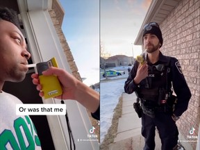 A screenshot of a from a TikTok video posted by Micah Colbert. A Barrie Police officer came to his door and asked for a breath sample after they received a traffic complaint from the OPP about him swerving in lane.