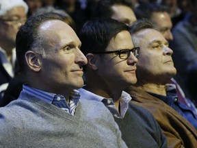 From left, Blue Jays president and CEO Mark Shapiro, GM Ross Atkins and then manager John Gibbons at the Rogers Centre in Toronto February 4, 2016.