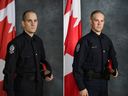 Police d'Edmonton Const.  Travis Jordan, à gauche, et Const.  Brett Ryan est vu dans une image composite réalisée à partir de deux photos non datées.  Les officiers ont été tués dans l'exercice de leurs fonctions récemment.