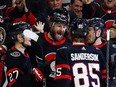 Senators winger Austin Watson (16) celebrates with teammates after scoring a short-handed goal against the Red Wings during the first period of a game on Feb. 28.