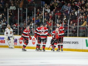 Brady Stonehouse, second from right, celebrates with teammates after scoring a second-period goal for the 67's against the Colts on Saturday afternoon.
