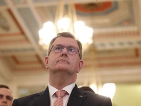 Democratic Unionist Party leader Jeffrey Donaldson pauses as he speaks to the media at Parliament Buildings, Stormont, Belfast, on May 9, 2022.