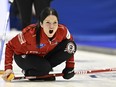 Canada's Kerri Einarson in action against Sweden during the Women's World Curling Championship at Goransson Arena in Sandviken, Sweden, Saturday, March 18, 2023.