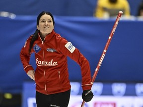 Canada's Kerri Einarson looks on during the match between Canada and Sweden during the round robin session 1 of the LGT World Women's Curling Championship at Goransson Arena in Sandviken, Sweden, Saturday, March 18, 2023.