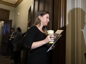 Katie Telford, Chief of Staff to Prime Minister Justin Trudeau, leaves after a meeting of the Liberal Caucus on Parliament Hill in Ottawa, on Wednesday, March 8, 2023. The federal Conservatives are trying to force Prime Minister Justin Trudeau's top aide to answer questions about allegations the Chinese government interfered in Canada's last two federal elections.