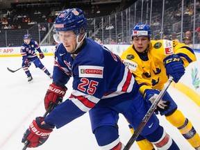 After wearing jersey No. 25 with the U.S. junior team, above, and the North Dakota Fighting Hawks, Tyler Kleven will be wearing No. 43 with the Ottawa Senators.