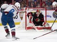 Senators goalie Mads Sogaard makes a save on a shot from Avalanche centre Evan Rodrigues in the second period of Thursday's contest.