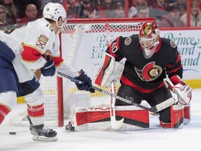 Ottawa Senators goalie Mads Sogaard makes a save on a shot from Florida Panthers left wing Matthew Tkachuk in the second period at the Canadian Tire Centre on Monday night.