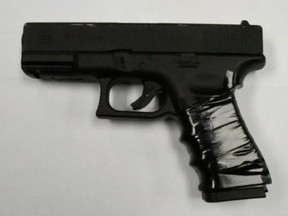 Cops allegedly seized this imitation firearm when they arrested a boy, 15, for four armed robberies allegedly committed in Brampton on Thursday, March 16, 2023.
