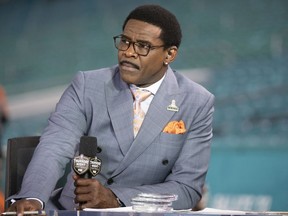 NFL Network analyst Michael Irvin speaks on air during the NFL Network's NFL GameDay Kickoff broadcast before the start of an NFL football game between the Baltimore Ravens and the Miami Dolphins, Nov. 11, 2021, in Miami Gardens, Fla.