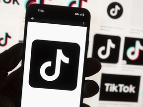 The TikTok logo is seen on a cellphone on Oct. 14, 2022, in Boston. Nunavut and the Northwest Territories are the latest jurisdictions in Canada to announce they are banning TikTok on government-issued devices pending a federal threat assessment.
