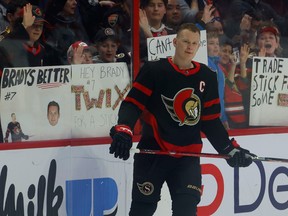 Senators captain Brady Tkachuk stands near the boards during the pre-game warmup before Thursday's contest against the Flyers.