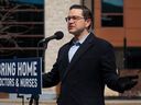 Conservative Leader Pierre Poilievre speaks during a press conference at the Ottawa Children's Treatment Centre wing of the Children's Hospital of Eastern Ontario in Ottawa, on Sunday, March 19, 2023.