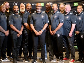 Ottawa Redblacks coaches were all together to meet the media at TD Place Thursday. 
They include (from left):
Jykine Bradley (defensive backs coach), Paul Charbonneau (offensive line coach), Nate Taylor (running back coach), Mike Phair (defensive line coach), Khari Jones (offensive coordinator), Bob Dyce (head coach), Travis Moore (receivers coach), Barron Miles (defensive coordinator), Patrick Bourgon (linebackers coach), Cory McDairmid (special teams coach) and Nadia Decoure (offensive quality control coach).