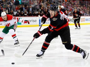 Ottawa Senators left wing Brady Tkachuk shoots the puck against the New Jersey Devils during the first period of an NHL hockey game, Saturday, March 25, 2023, in Newark, N.J.