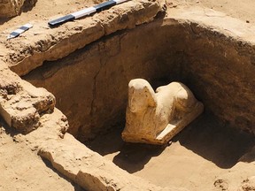 An undated handout picture released by the Egyptian Ministry of Antiquities on March 6, 2023, shows the unearthed statue of the Sphynx near the Dendera Temple in the Qina (Qena) governorate.