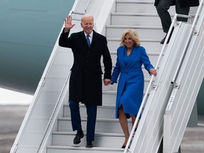 U.S. President Joe Biden and first lady Jill Biden arrive at Ottawa/Macdonald–Cartier International Airport ahead of an official state visit in Ottawa, Thursday, March 23, 2023. The United States' first lady will be given a sweeping introduction to Canadian sports culture in Ottawa today as Sophie Grégoire Trudeau introduces her to curling.