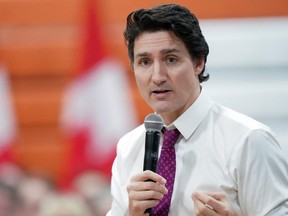 Prime Minister Justin Trudeau speaks during a town hall event at Campus de Dieppe during his visit to Dieppe, near Moncton, New Brunswick, March 31, 2023.