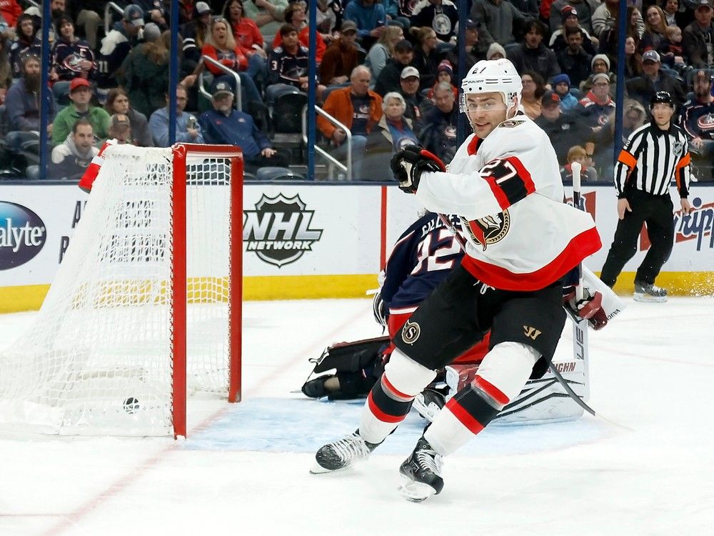 Dylan Gambrell of the Ottawa Senators beats Jon Gillies of the Columbus Blue Jackets for a goal during the first period.