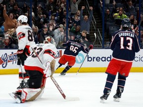 Kirill Marchenko of the Columbus Blue Jackets reacts after scoring on goaltender Cam Talbot of the Ottawa Senators for the game-winning goal in overtime at Nationwide Arena on Sunday night.