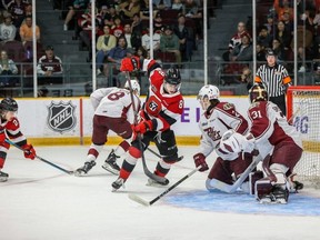 Ottawa 67's Frankie Marrelli goes for goal against the Peterborough Petes on Sunday.