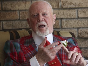 Hockey commentator and legend Don Cherry speaks about the NHL playoffs, the Maple Leafs advancing to the second round, playoff fisticuffs, Bobby Orr and his beloved Bruins from his front sunroom at his Mississauga home on Friday, April 21, 2023.