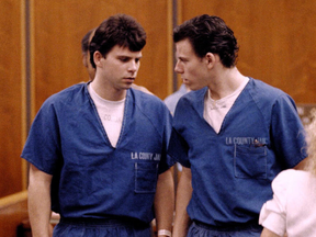 The Menendez brothers at their 1996 murder trial. They were convicted of murdering their mother and father. THE ASSOCIATED PRESS