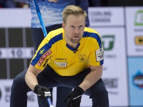 Sweden skip Niklas Edin watches a rock travel at the world men's curling championship in Ottawa on April 2, 2023.