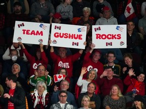 Fans cheers as Team Canada wins over Switzerland in the semi-finals at the men's world curling championship in Ottawa on Saturday, April 8, 2023.