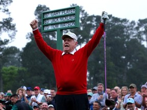 Golf - The Masters - Augusta National Golf Club - Augusta, Georgia, U.S. - April 6, 2023. Jack Nicklaus of the U.S. reacts after hitting his tee shot on the 1st hole during the ceremonial start on the first day of play.