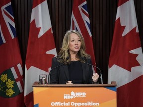 Marit Stiles addresses a press conference at Queen's Park in Toronto, on Wednesday, February 1, 2023. Stiles is calling on the provincial government to launch an investigation into the Greater Toronto Hockey League for allegations of teams being sold for large sums of money.THE CANADIAN PRESS/Nathan Denette