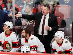 The future of Senators head coach D.J. Smith, seen here during an April 6 game against the Florida Panthers, and general manager Pierre Dorion could depend on the wishes of new ownership, which is expected to be determined itself in the coming weeks and months.
