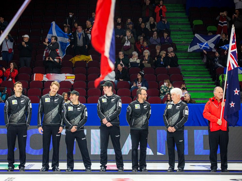 Members of New Zealand’s team participate in the opening ceremonies for the world men’s curling championship at TD Place in Ottawa on Saturday afternoon.