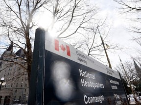 The Canada Revenue Agency sign outside the National Headquarters at the Connaught Building in Ottawa.
