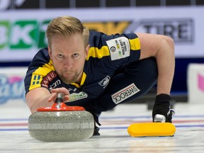 Team Sweden skip Niklas Edin during draw 17 against team New Zealand April 6, 2023.