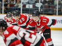Henry Mews (11) of the Ottawa 67's during a game against the Peterborough Petes at the Arena at TD Place on April 16, 2023 in Ottawa.
