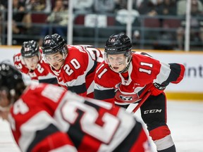 OTTAWA, CANADA - APRIL 16:  Henry Mews (11)  of the Ottawa 67?s during a game against the Peterborough Petes at the Arena at TD Place on April 16, 2023 in Ottawa, Ontario, Canada.