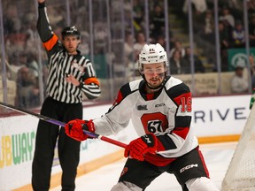 Logan Morrison (16) of the Ottawa 67's during a game against the Peterborough Petes at the Peterborough Memorial Centre on April 24, 2023.