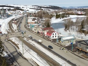 The 500-metre stretch of road where a pickup truck plowed into pedestrians in Amqui, Que., is shown on Tuesday, March 14, 2023.