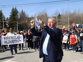 Marc Brière, president of the Union of Taxation Employees, at a PSAC rally in Sudbury, Ont., on April 28, 2023.