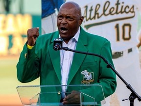 Former pitcher Vida Blue of the Oakland Athletics speaks as he is inducted into the team's Hall of Fame in 2019.