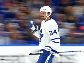 Auston Matthews of the Toronto Maple Leafs celebrates a goal in the second period during Game Six of the First Round of the 2023 Stanley Cup Playoffs against the Tampa Bay Lightning at Amalie Arena on April 29, 2023 in Tampa, Florida.
