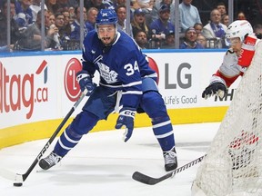 Maple Leafs forward Auston Matthews controls the puck against the Panthers in the second period during Game 5 of the second round of the 2023 Stanley Cup Playoffs at Scotiabank Arena in Toronto, Friday, May 12, 2023.