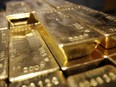 This file picture taken on April 6, 2009 shows gold bars stacked at the plant of gold refiner and producer Argor-Heraeus in Mendrisio, in the southern Swiss canton of Ticino.