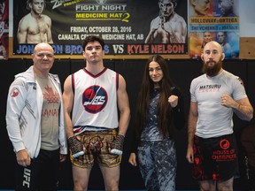 (Left to right) Head coach Kru Alin Halmagean at House of Champions in Stoney Creek, Ont., with Mike (Proper) Malott, Diana (The Princess Warrior) Belbita and Kyle (The Monster) Nelson, all three of whom will fight at UFC 289 in Vancouver, B.C., on June 10, 2023.