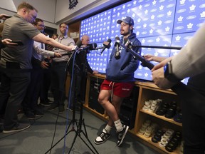 Auston Matthews talks with the media about his potential upcoming contract during locker cleanup day on Monday, May 15, 2023.