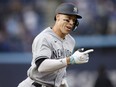 Aaron Judge of the New York Yankees runs out a home run in the first inning of their MLB game against the Toronto Blue Jays at Rogers Centre on May 15, 2023 in Toronto.