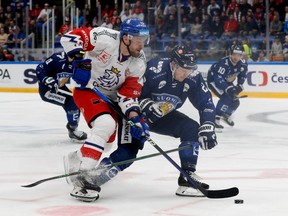 Finland's Ville Pokka in action with Czech Republic's Jiri Smejkal on May 4, 2023 at Winning Group Arena, Brno, Czech Republic.