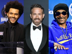 Celebrity involvement in the bidding for the Senators NHL franchise includes, left to right, The Weeknd, Ryan Reynolds and Snoop Dogg.
