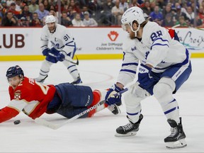 Florida Panthers defenceman Gustav Forsling (42) dives in an attempt to block a pass from Toronto Maple Leafs right wing William Nylander in Game 3 on Sunday.
